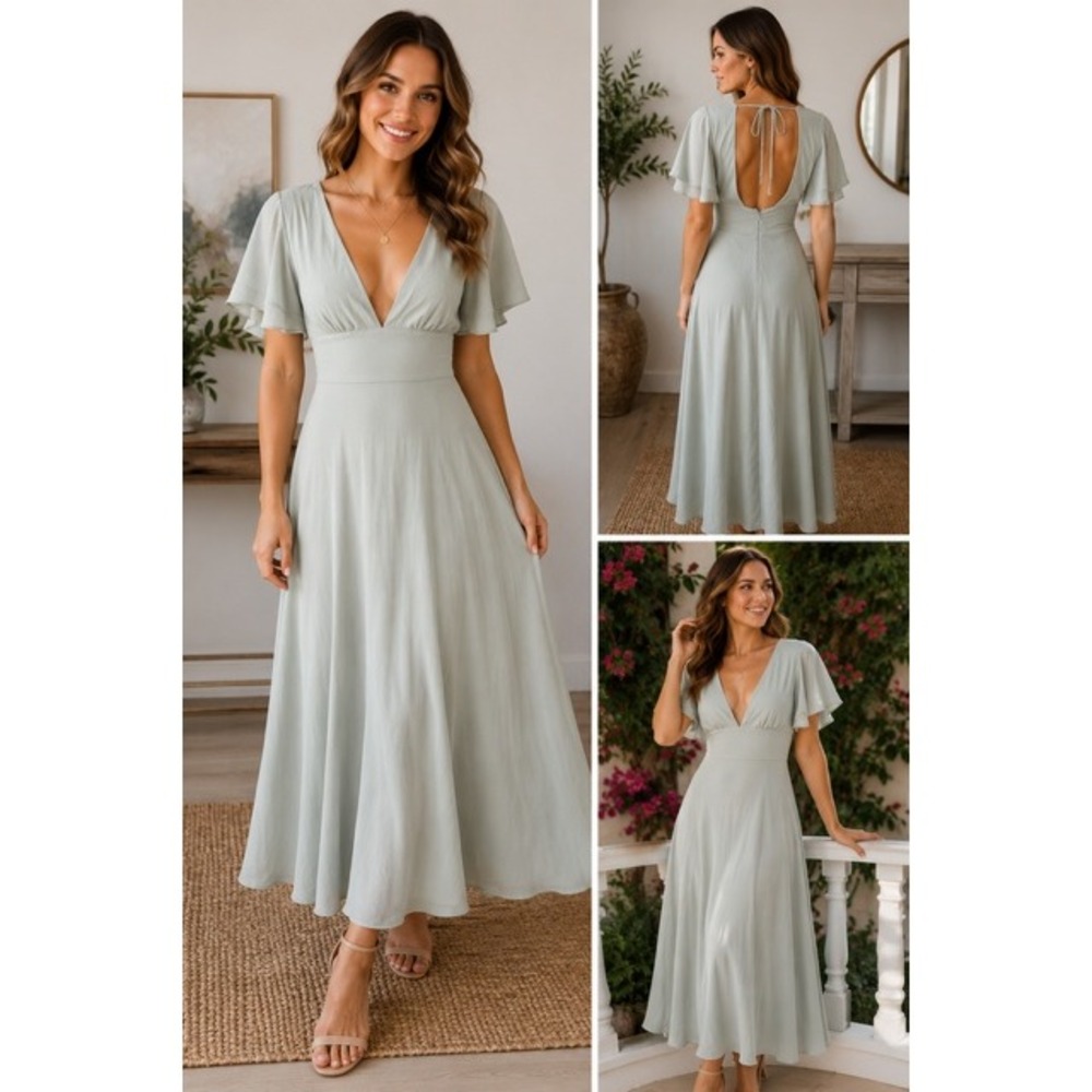 Lulus Heavenly Hues Sage Green Maxi Dress V-Neck Open Back Flutter Sleeve S